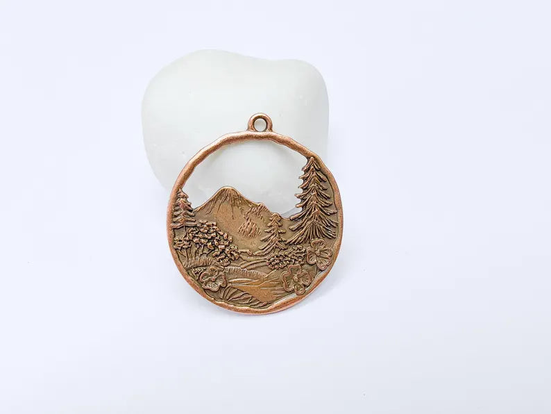 Mountain Tree and Flowers Pendant, Nature Forest Landscape Earring, Pine Tree Jewelry Component, Antique Copper Plated 44x39mm G37262