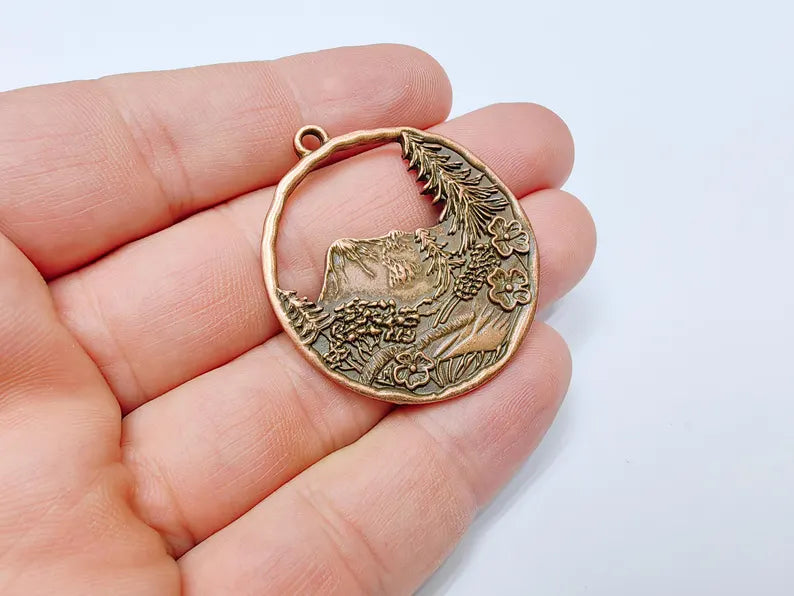 Mountain Tree and Flowers Pendant, Nature Forest Landscape Earring, Pine Tree Jewelry Component, Antique Copper Plated 44x39mm G37262