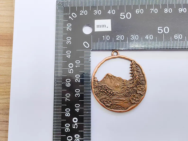 Mountain Tree and Flowers Pendant, Nature Forest Landscape Earring, Pine Tree Jewelry Component, Antique Copper Plated 44x39mm G37262
