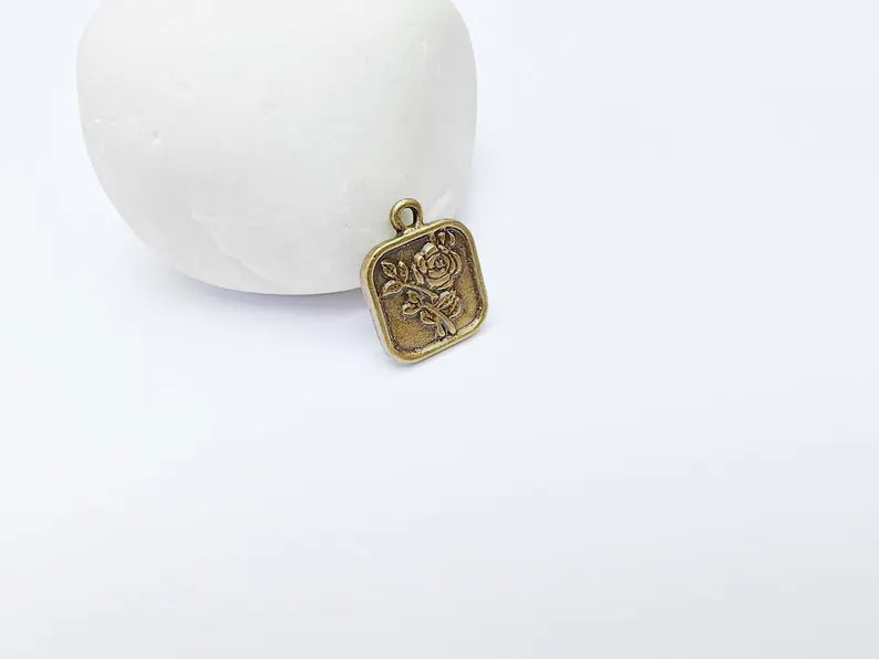 Rose Square Charm, Embossed Flower Pendant, Floral Oval Tag for Bracelet or Necklace, Romantic Jewelry, Antique Bronze Plated 18x14mm G37265