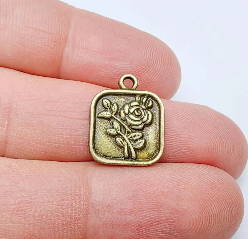 Rose Square Charm, Embossed Flower Pendant, Floral Oval Tag for Bracelet or Necklace, Romantic Jewelry, Antique Bronze Plated 18x14mm G37265