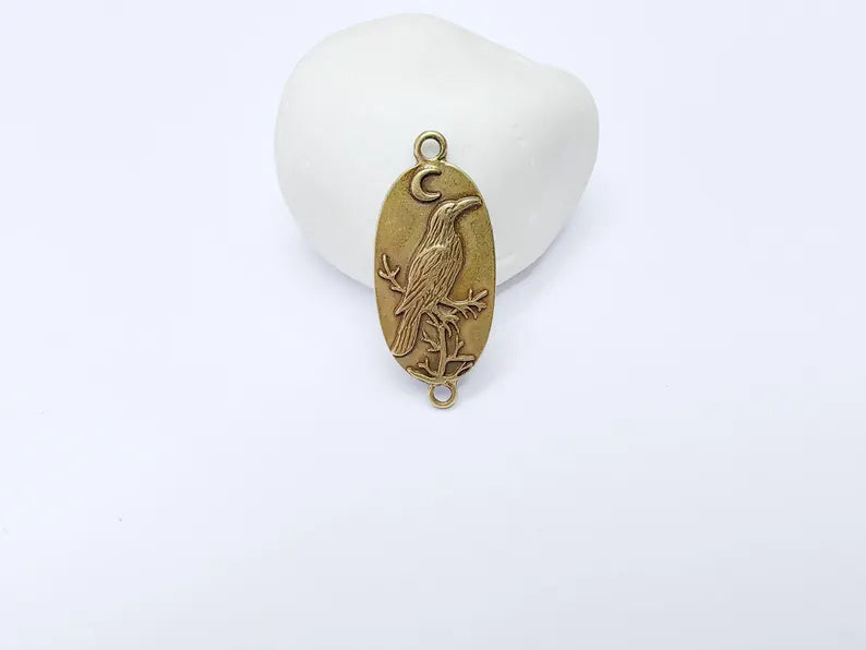 Raven Charm Connector, Gothic Boho Pendant, Bird and Moon Earring, Oval Celestial Mystical Necklace, Antique Bronze Plated 38x17mm G37266