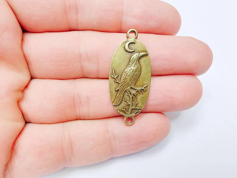 Raven Charm Connector, Gothic Boho Pendant, Bird and Moon Earring, Oval Celestial Mystical Necklace, Antique Bronze Plated 38x17mm G37266
