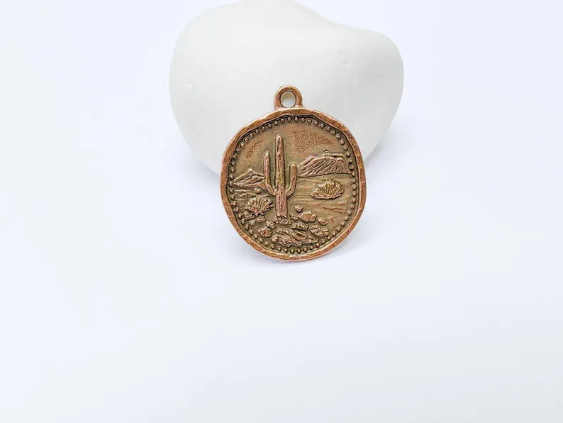 Desert Landscape Pendant, Boho Western Cactus Charm, Southwestern Jewelry, Mountain Nature Earring, Antique Copper Plated 32x27mm G37269