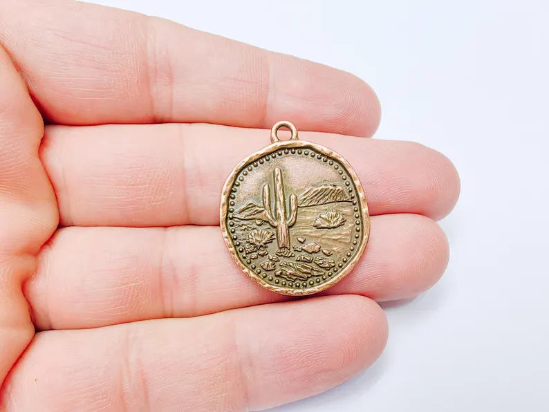 Desert Landscape Pendant, Boho Western Cactus Charm, Southwestern Jewelry, Mountain Nature Earring, Antique Copper Plated 32x27mm G37269