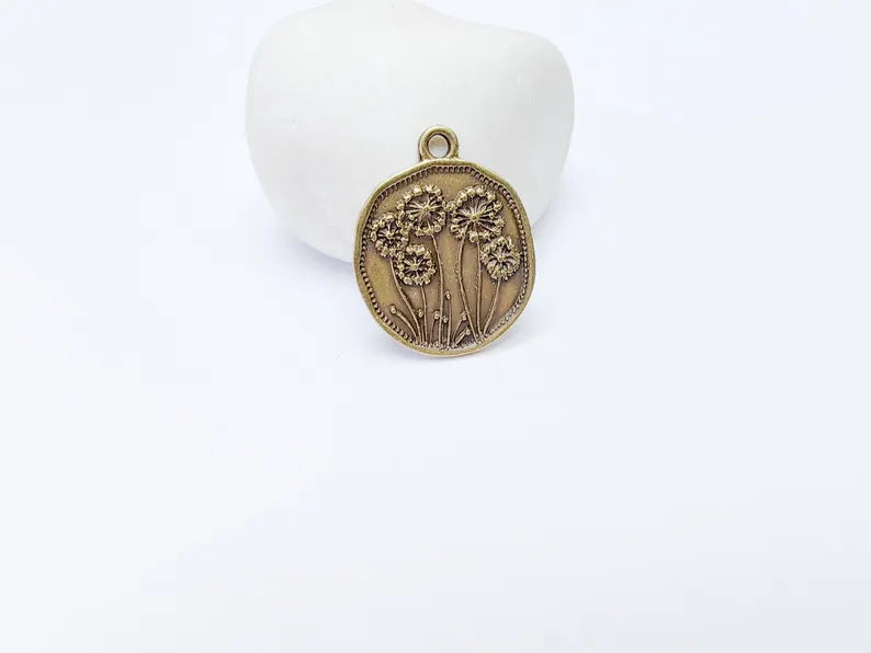 Dandelion Charms, Bronze Flower Charms, Boho Charms, Earring Charms, Bronze Pendant, Necklace Parts, Antique Bronze Plated 29x24mm G37271