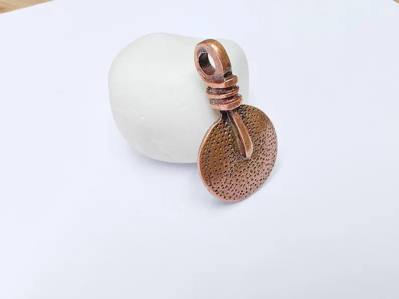 Tribal Pendant, Rustic Round Charm, Textured Pendant for Necklace, Ethnic Boho Tribal Jewelry, Antique Copper Plated 48x28mm G37272