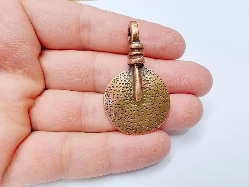 Tribal Pendant, Rustic Round Charm, Textured Pendant for Necklace, Ethnic Boho Tribal Jewelry, Antique Copper Plated 48x28mm G37272