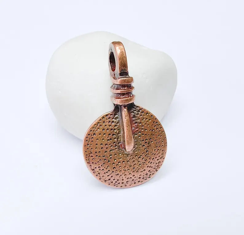 Tribal Pendant, Rustic Round Charm, Textured Pendant for Necklace, Ethnic Boho Tribal Jewelry, Antique Copper Plated 48x28mm G37272