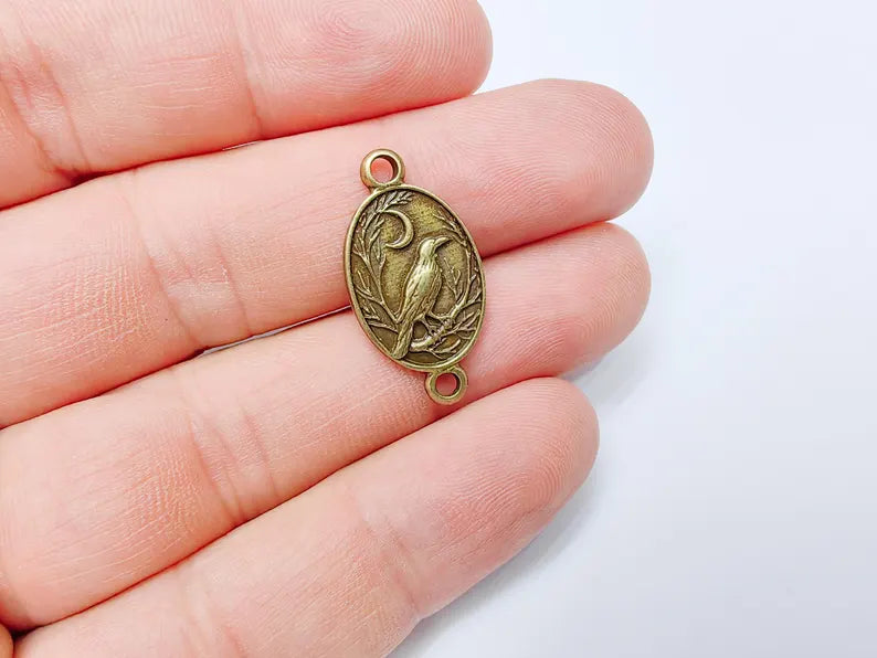 2 Raven and Moon Connector Charm Pendant, Gothic Boho Charm, Nature Earring Charm, Mystical Bird, Antique Bronze Plated 27x14mm G37273