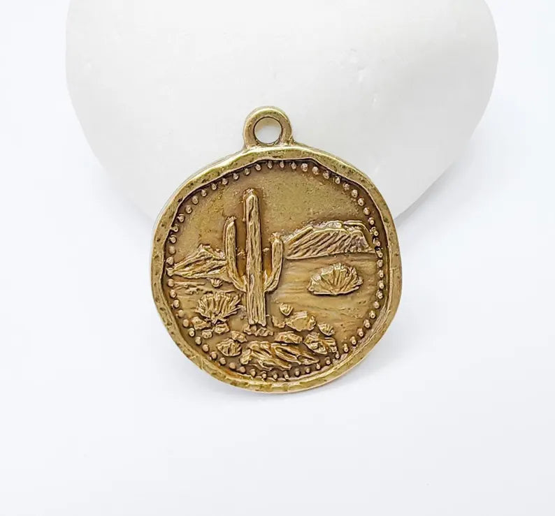 Desert Landscape Pendant, Boho Western Cactus Charm, Southwestern Jewelry, Mountain Nature Earring, Antique Bronze Plated 32x27mm G37276