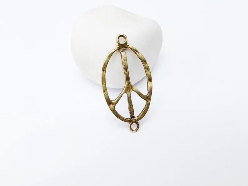 Peace Symbol Pendant Charm, Boho Hippie Jewelry Supply, Spiritual Retro 60s Style Necklace Component, Antique Bronze Plated 46x24mm G37264