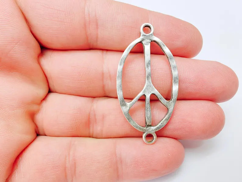 Peace Symbol Pendant Charm, Boho Hippie Jewelry Supply, Spiritual Retro 60s Style Necklace Component, Antique Silver Plated 46x24mm G37241