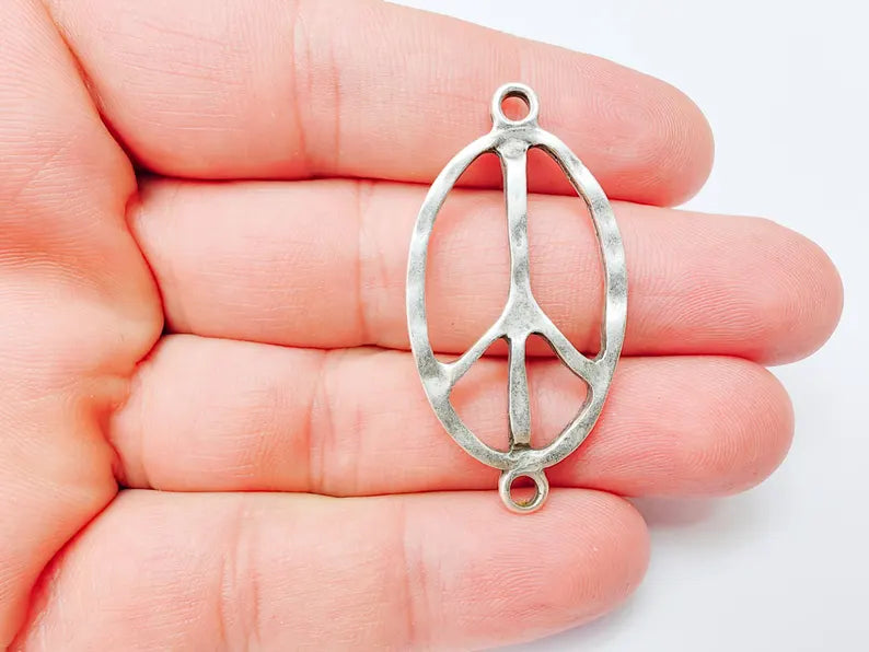 Peace Symbol Pendant Charm, Boho Hippie Jewelry Supply, Spiritual Retro 60s Style Necklace Component, Antique Silver Plated 46x24mm G37241