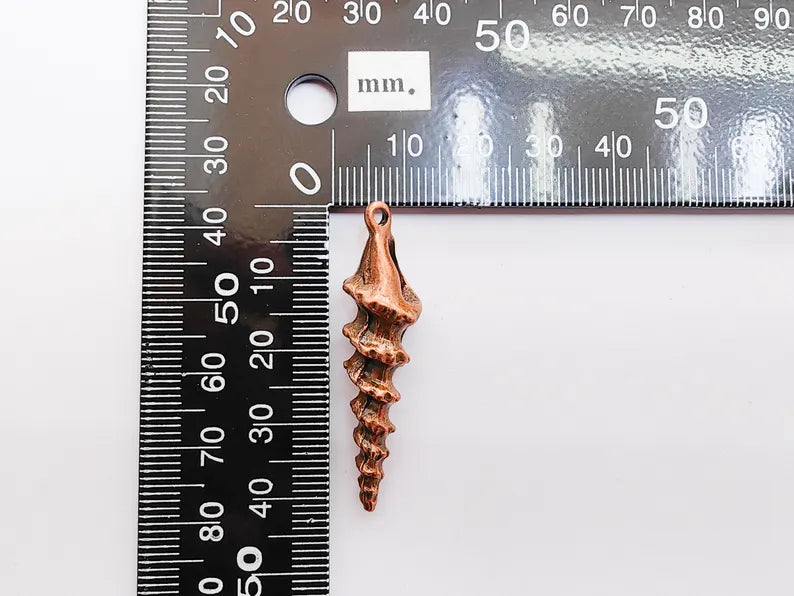 Spiky Spiral Shell Pendant, Long Sea Shell Charm, Copper Ocean Jewelry Supply, Beach Nautical Pendant, Antique Copper Plated 43x11mm G37278