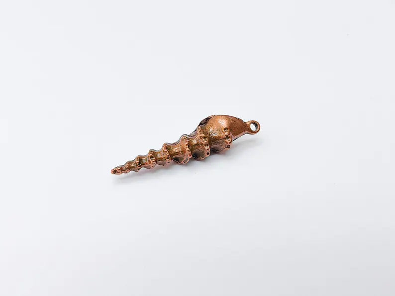 Spiky Spiral Shell Pendant, Long Sea Shell Charm, Copper Ocean Jewelry Supply, Beach Nautical Pendant, Antique Copper Plated 43x11mm G37278