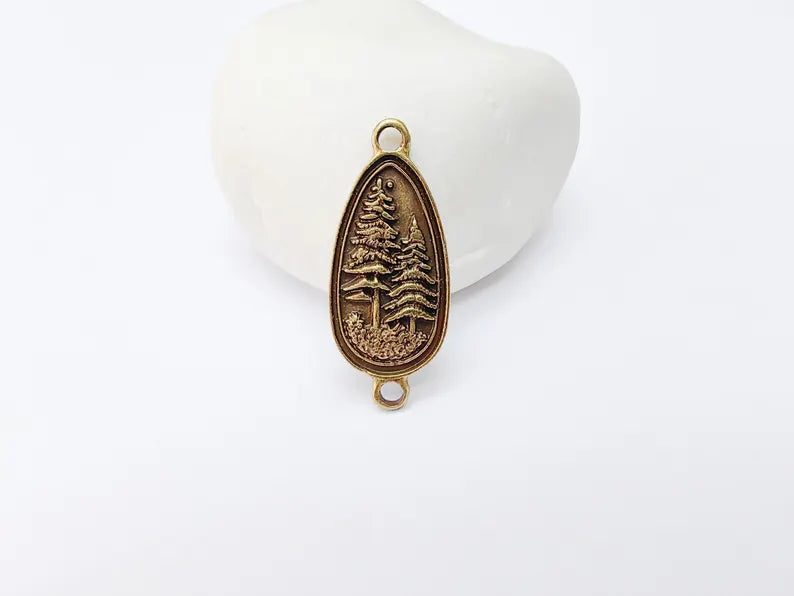 2 Pine Tree Forest Connector Charms, Nature Pendant Boho Earring Charms, Dangle Necklace Part, Antique Bronze Plated Zamac 30x14mm G37281
