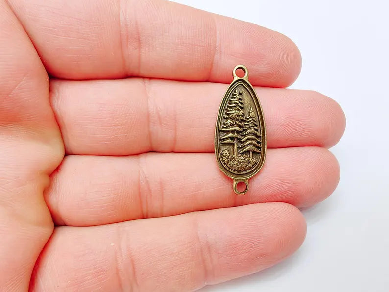 2 Pine Tree Forest Connector Charms, Nature Pendant Boho Earring Charms, Dangle Necklace Part, Antique Bronze Plated Zamac 30x14mm G37281