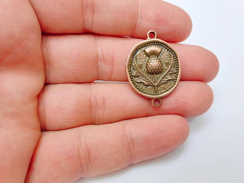 Thistle Connector Charms, Copper Flower Charms, Boho Charms, Earring Charms, Necklace Parts, Antique Copper Plated 33x24mm G37285
