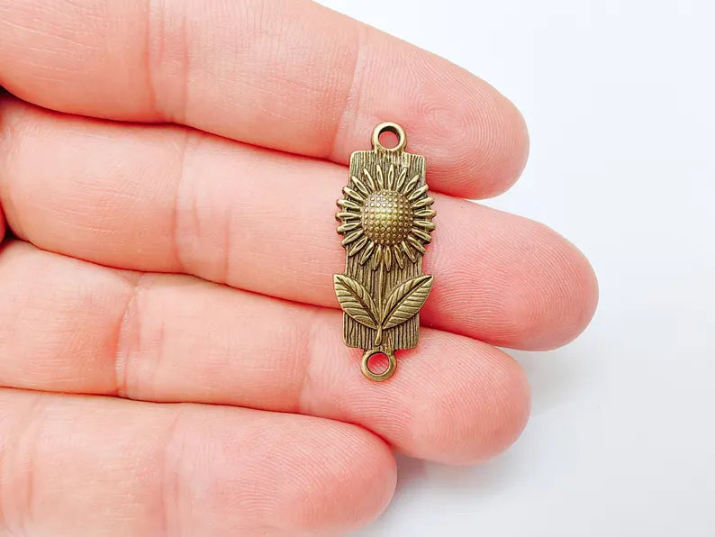 2 Sunflower Charm Connector, Floral Pendant, Herb Earring Charms, Sunflower Dangle Necklace Part, Antique Bronze Plated 32x12mm G37286