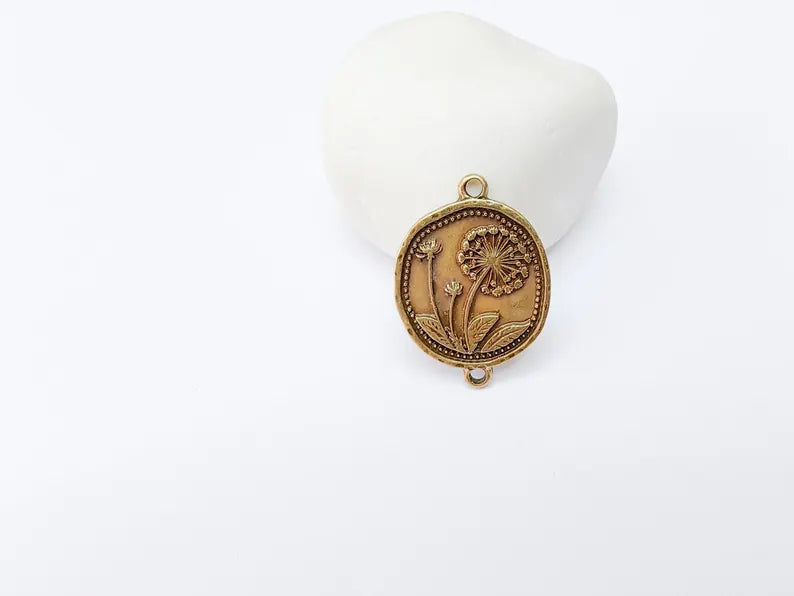 Dandelion Charms Connector Double Hole, Flower Pendant, Boho Charms, Earring Charms, Necklace Parts, Antique Bronze Plated 33x24mm G37291