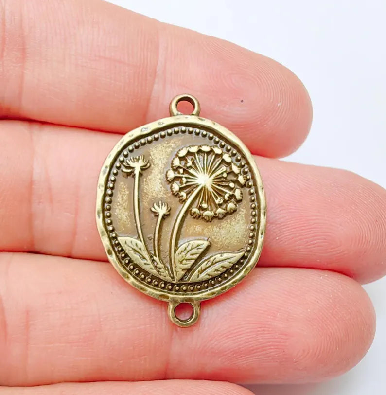 Dandelion Charms Connector Double Hole, Flower Pendant, Boho Charms, Earring Charms, Necklace Parts, Antique Bronze Plated 33x24mm G37291