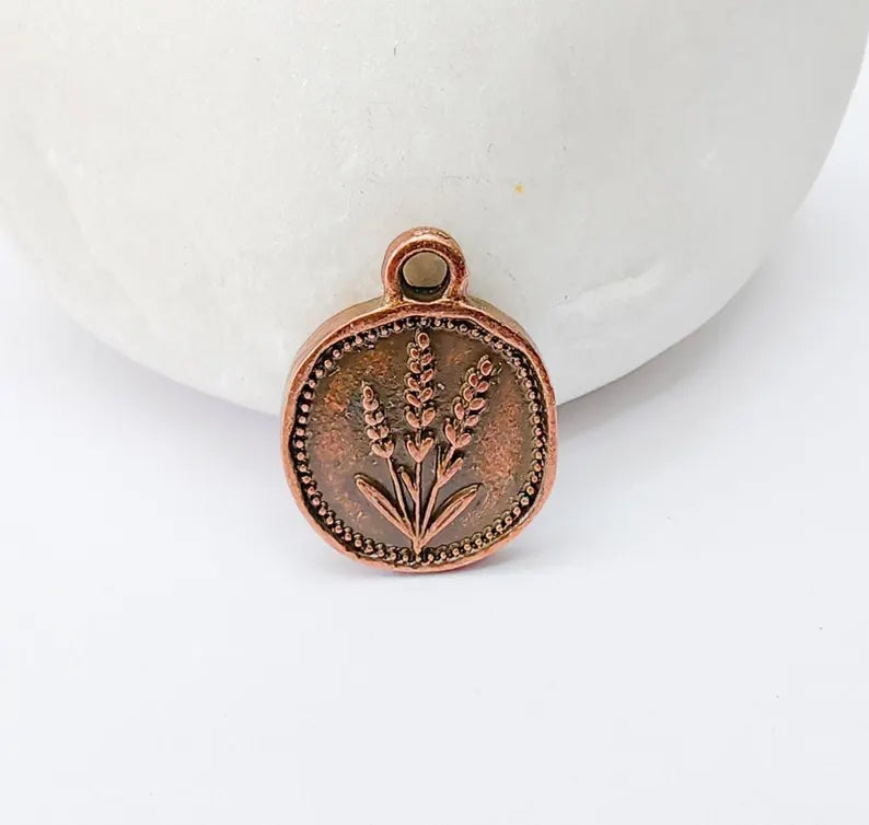 5 Lavender Flower Charm, Double Sided Botanical Organic Shape Bracelet Charm, Nature Earring, Floral Tag, Antique Copper Plated 16x12mm G37292