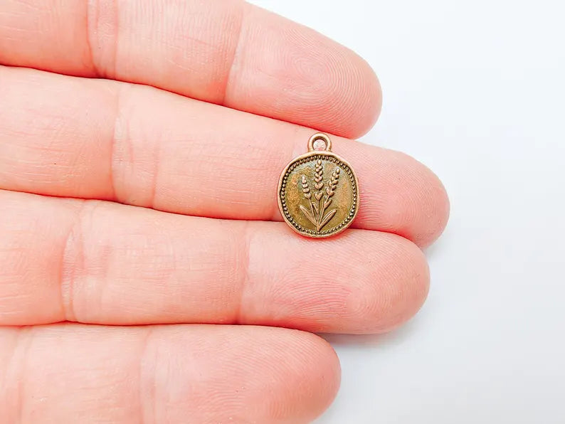 5 Lavender Flower Charm, Double Sided Botanical Organic Shape Bracelet Charm, Nature Earring, Floral Tag, Antique Copper Plated 16x12mm G37292