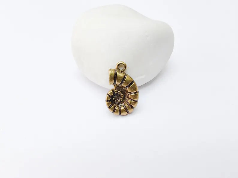 2 Ammonite Fossil Pendant, Spiral Shell Charm, Nautical Jewelry Supply, Prehistoric Sea Fossil, Antique Bronze Plated 22x14mm G37301