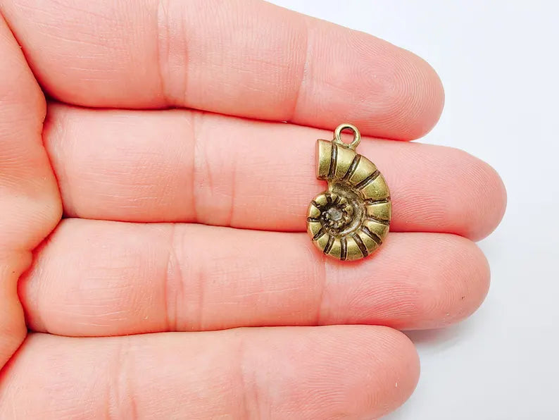 2 Ammonite Fossil Pendant, Spiral Shell Charm, Nautical Jewelry Supply, Prehistoric Sea Fossil, Antique Bronze Plated 22x14mm G37301