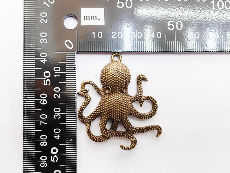 Octopus Pendant, Large Sea Life Charm, Nautical Statement Jewelry, Steampunk Boho Ocean Pendant, Antique Bronze Plated 48x42mm G37303