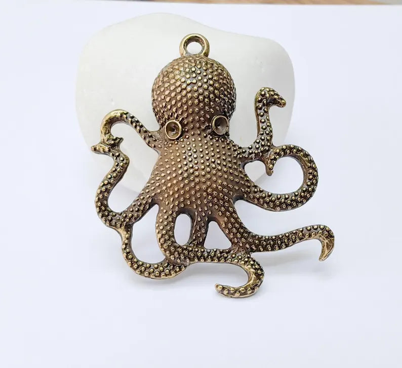 Octopus Pendant, Large Sea Life Charm, Nautical Statement Jewelry, Steampunk Boho Ocean Pendant, Antique Bronze Plated 48x42mm G37303