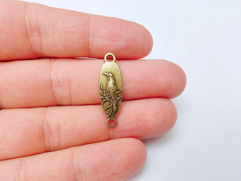 4 Raven Connector Charm Pendant, Gothic Boho Charm, Nature Earring Charm, Mystical Bird, Necklace Parts, Antique Bronze Plated 30x9mm G37304
