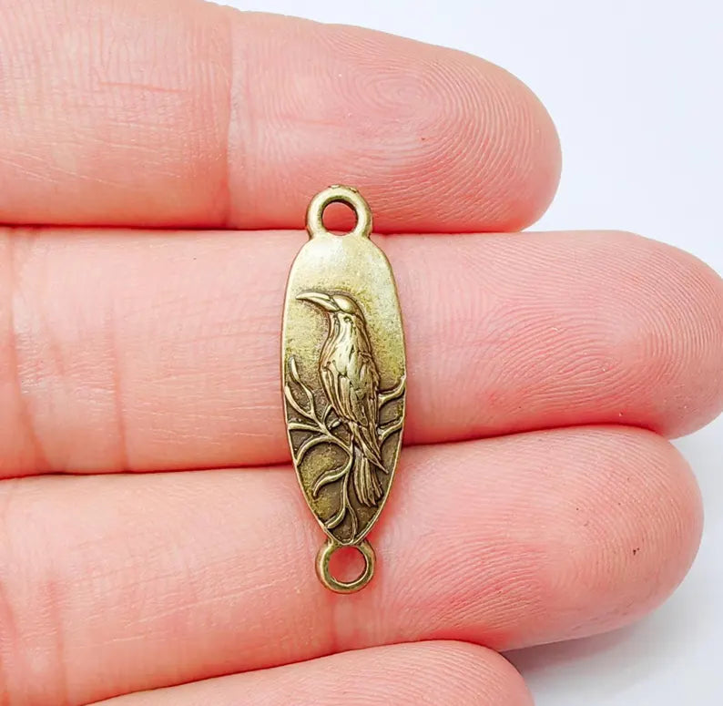 4 Raven Connector Charm Pendant, Gothic Boho Charm, Nature Earring Charm, Mystical Bird, Necklace Parts, Antique Bronze Plated 30x9mm G37304