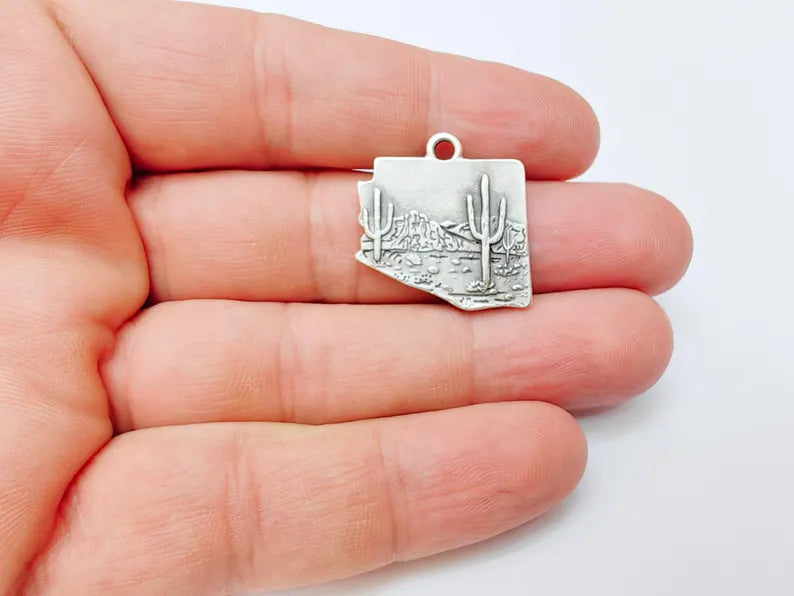 Desert Landscape Pendant, Boho Western Cactus Charm, Southwestern Jewelry, Mountain Nature Earring, Antique Silver Plated 25x24mm G37311