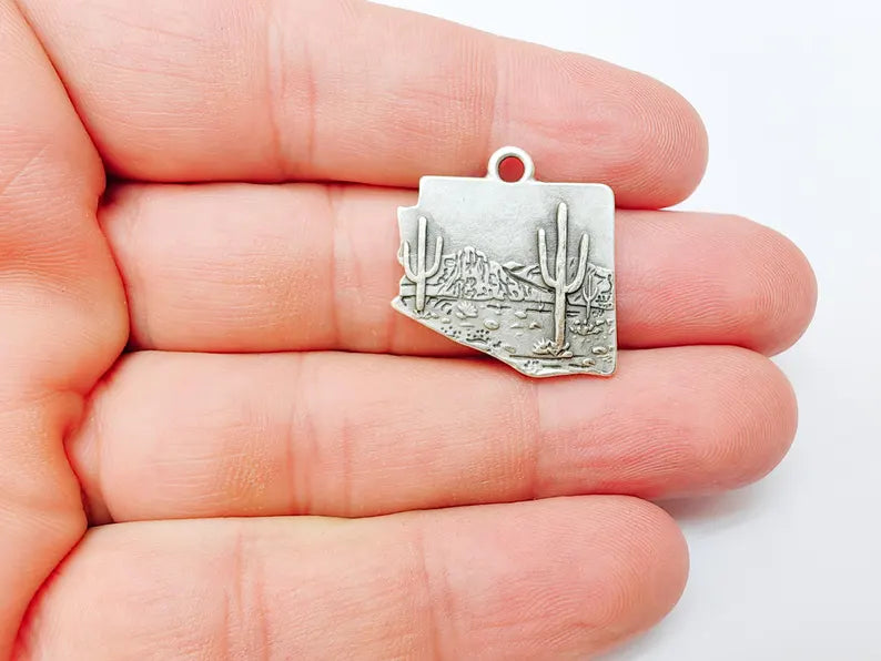 Desert Landscape Pendant, Boho Western Cactus Charm, Southwestern Jewelry, Mountain Nature Earring, Antique Silver Plated 25x24mm G37311