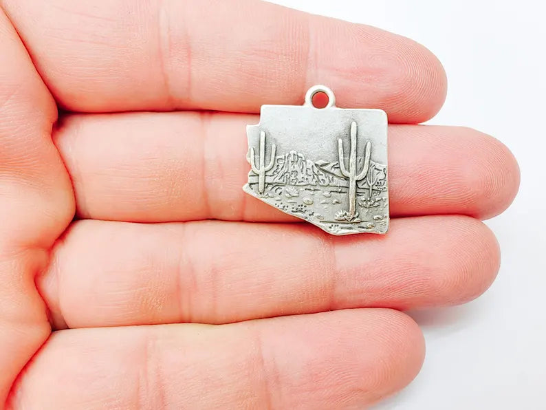 Desert Landscape Pendant, Boho Western Cactus Charm, Southwestern Jewelry, Mountain Nature Earring, Antique Silver Plated 25x24mm G37311