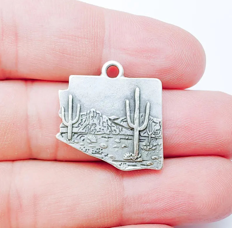 Desert Landscape Pendant, Boho Western Cactus Charm, Southwestern Jewelry, Mountain Nature Earring, Antique Silver Plated 25x24mm G37311
