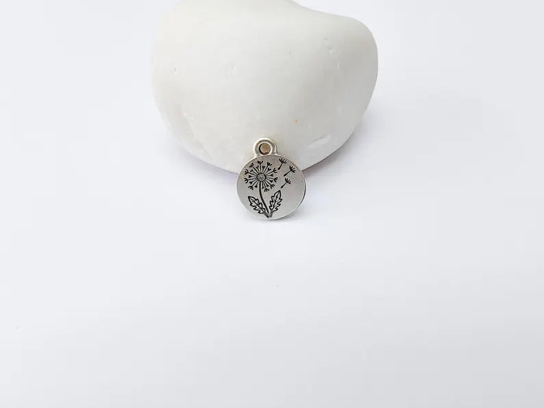 4 Dandelion Flower Charm, Double Sided Botanical, Organic Shape Plant Charm, Nature Earring, Floral Tag, Antique Silver Plated 16x13mm G37313