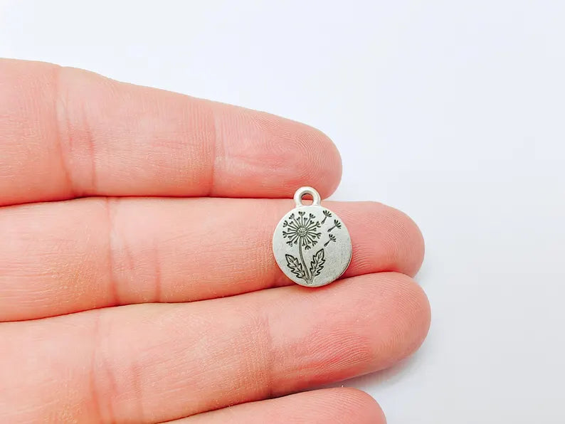 4 Dandelion Flower Charm, Double Sided Botanical, Organic Shape Plant Charm, Nature Earring, Floral Tag, Antique Silver Plated 16x13mm G37313