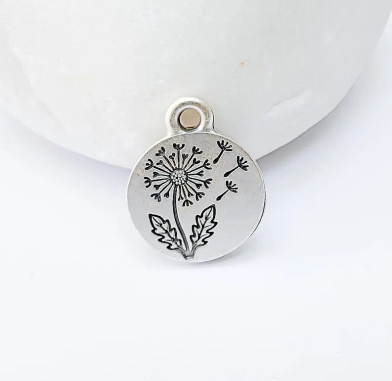 4 Dandelion Flower Charm, Double Sided Botanical, Organic Shape Plant Charm, Nature Earring, Floral Tag, Antique Silver Plated 16x13mm G37313