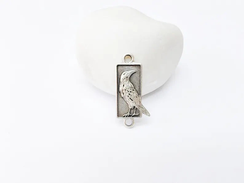 2 Raven Charm Pendant Connector, Gothic Boho Charm, Nature Earring Charm, Mystical Bird, Necklace Parts, Antique Silver Plated 29x13mm G37314