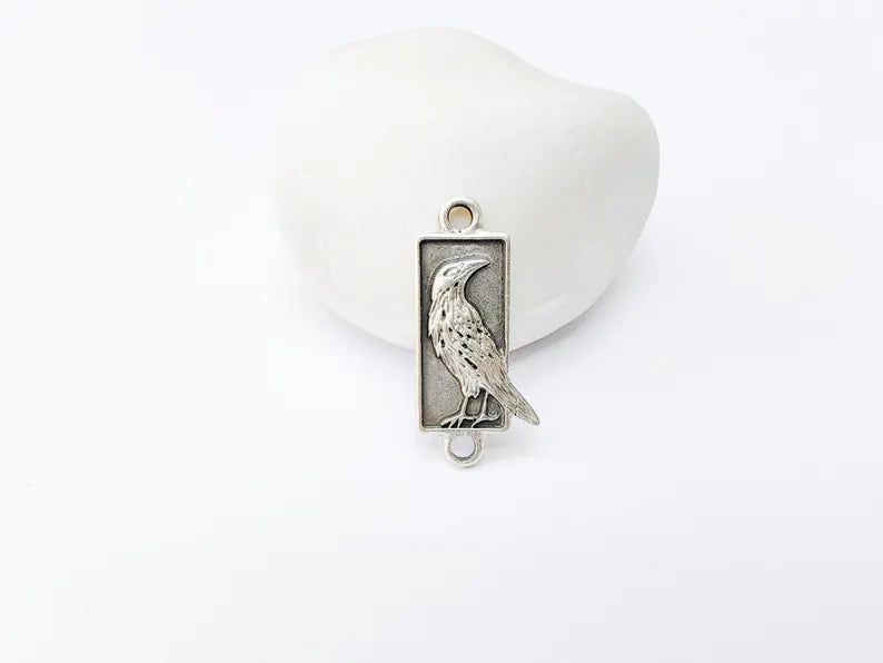 2 Raven Charm Pendant Connector, Gothic Boho Charm, Nature Earring Charm, Mystical Bird, Necklace Parts, Antique Silver Plated 29x13mm G37314