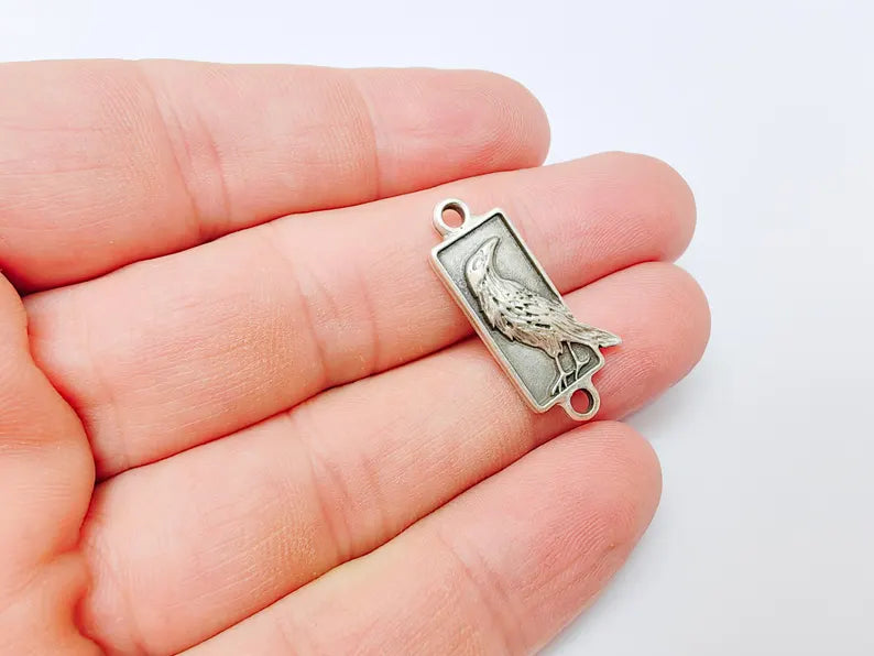 2 Raven Charm Pendant Connector, Gothic Boho Charm, Nature Earring Charm, Mystical Bird, Necklace Parts, Antique Silver Plated 29x13mm G37314