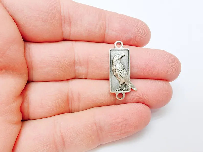 2 Raven Charm Pendant Connector, Gothic Boho Charm, Nature Earring Charm, Mystical Bird, Necklace Parts, Antique Silver Plated 29x13mm G37314