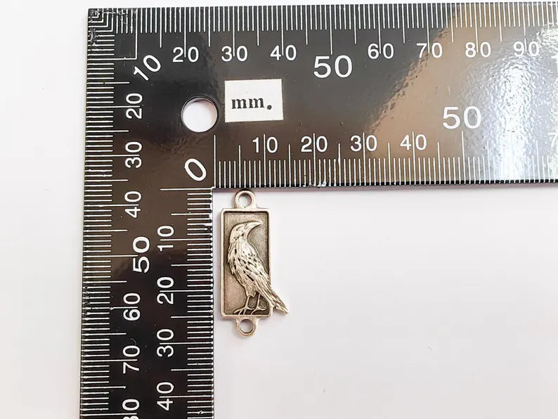 2 Raven Charm Pendant Connector, Gothic Boho Charm, Nature Earring Charm, Mystical Bird, Necklace Parts, Antique Silver Plated 29x13mm G37314