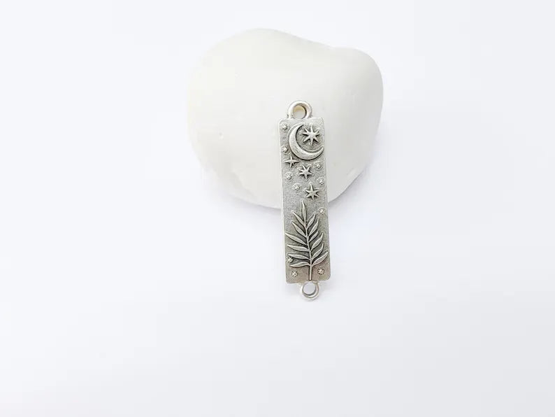 Moon and Stars Plant Charms Connector, Crescent Earring Charms, Celestial and Nature Inspired Charm, Antique Silver Plated 42x10mm G37315