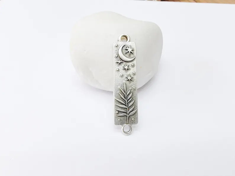 Moon and Stars Plant Charms Connector, Crescent Earring Charms, Celestial and Nature Inspired Charm, Antique Silver Plated 42x10mm G37315
