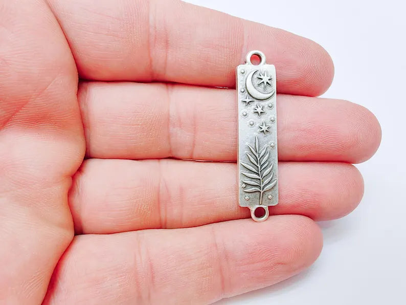 Moon and Stars Plant Charms Connector, Crescent Earring Charms, Celestial and Nature Inspired Charm, Antique Silver Plated 42x10mm G37315