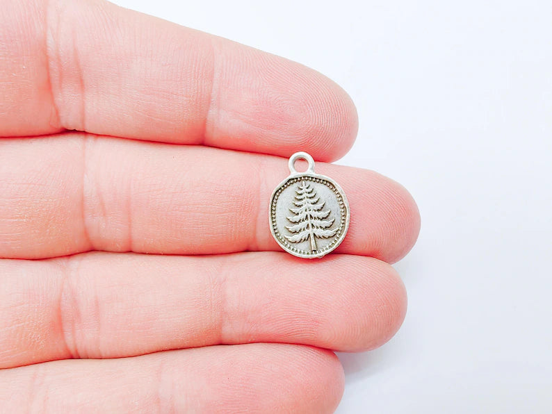 4 Pine Tree Flower Charm, Double Sided Botanical, Organic Shape Plant Charm, Nature Earring, Floral Tag, Antique Silver Plated 16x12mm G37316